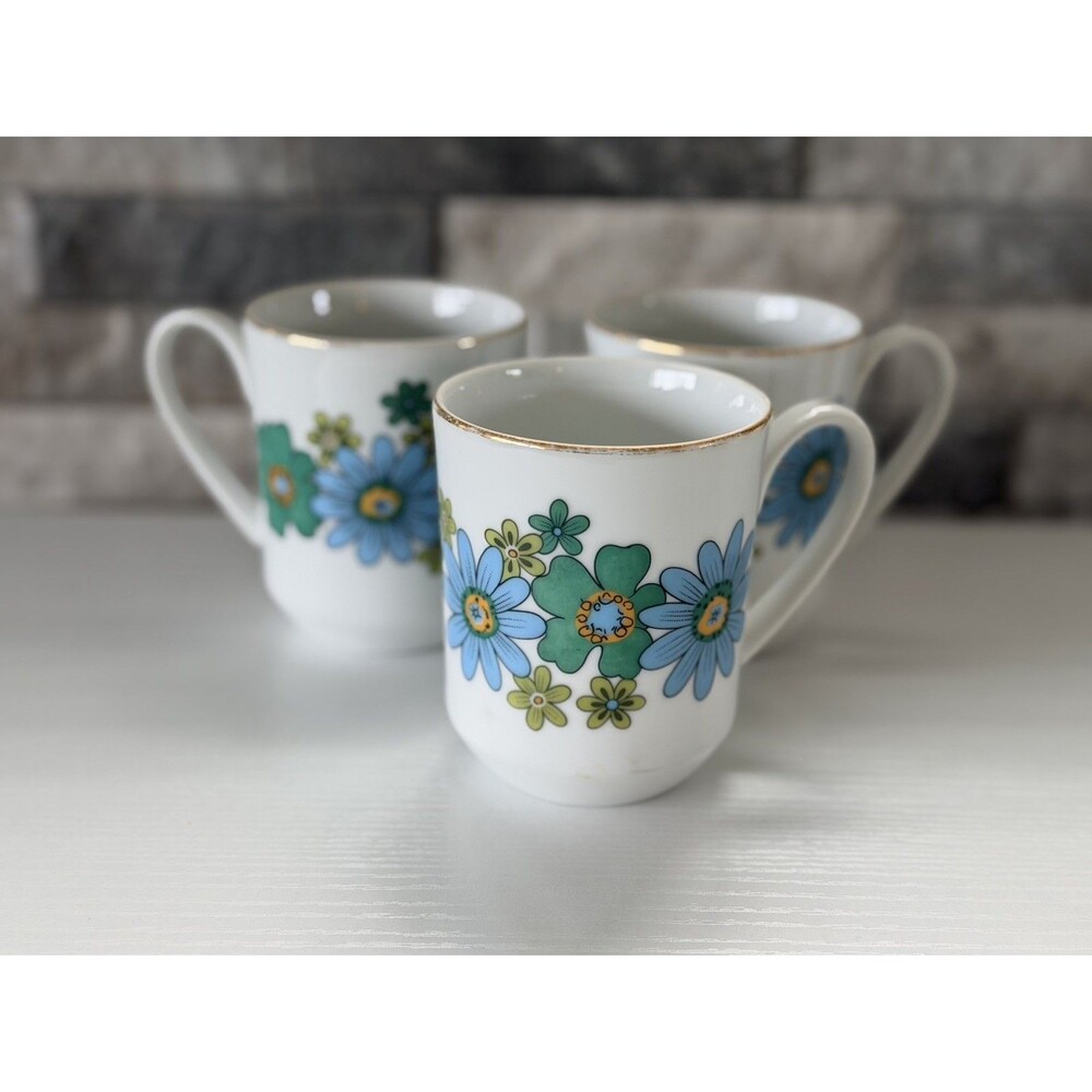 3pc Vintage 70's Retro Daisies Coffee Mugs Creative Japan Metallic Gold Trim